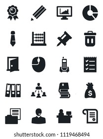 Set of vector isolated black icon - medal vector, mouse, tie, money bag, manager place, circle chart, office phone, monitor statistics, drawing pin, document folder, abacus, support, checklist, book