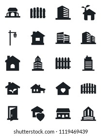 Set of vector isolated black icon - office building vector, fence, house, garden light, with garage, sweet home, city, cafe, eco, door