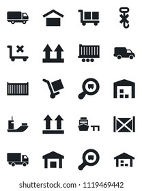 Set of vector isolated black icon - sea shipping vector, truck trailer, cargo container, car delivery, port, warehouse storage, up side sign, no trolley, hook, search