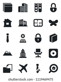 Set of vector isolated black icon - lock vector, butterfly, house, plane, folder document, rec button, office building, chair, blank box, tie, book, sun panel, mountains, plan, estate search