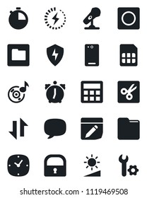 Set of vector isolated black icon - microphone vector, phone back, message, protect, calculator, clock, alarm, stopwatch, record, sim, folder, notes, data exchange, brightness, cut, lock, music