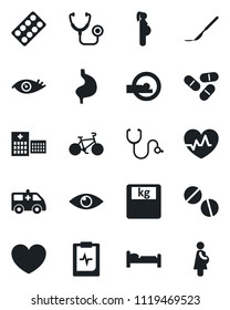 Set of vector isolated black icon - bed vector, heart, pulse, stethoscope, scales, pills, blister, scalpel, tomography, ambulance car, bike, stomach, eye, clipboard, hospital, pregnancy