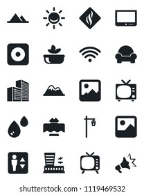Set of vector isolated black icon - elevator vector, tv, airport building, garden light, rec button, gallery, office, mountains, cushioned furniture, wireless, restaurant table, salad, water