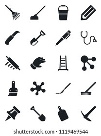 Set of vector isolated black icon - job vector, pencil, shovel, rake, ladder, bucket, glove, hoe, garden knife, stethoscope, scalpel, share, themes, drawing pin, pen, rolling, cutting board