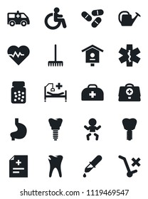 Set of vector isolated black icon - baby vector, disabled, rake, watering can, bird house, heart pulse, doctor case, diagnosis, dropper, pills, bottle, ambulance star, car, hospital bed, stomach