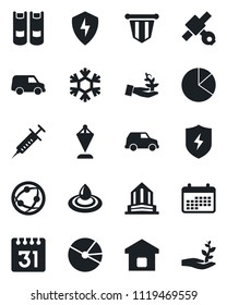 Set of vector isolated black icon - book vector, pennant, syringe, satellite, network, protect, calendar, pie graph, smart home, snowflake, water, palm sproute, car, office building