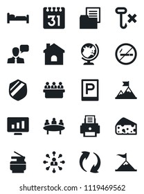 Set of vector isolated black icon - parking vector, no smoking, globe, bed, hierarchy, meeting, statistic monitor, house, folder document, hook, shield, speaker, update, calendar, printer, copier