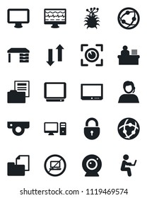 Set of vector isolated black icon - no laptop vector, lock, desk, monitor pulse, virus, support, folder document, tv, network, data exchange, manager, web camera, pc, eye scan, man with notebook