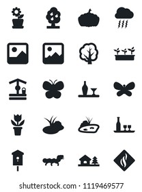Set of vector isolated black icon - storm cloud vector, flower in pot, tree, butterfly, seedling, well, pumpkin, caterpillar, pond, bird house, gallery, with, fruit, alcohol, smoke detector