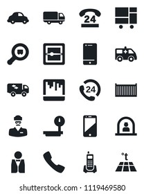 Set of vector isolated black icon - reception vector, ambulance car, doctor, office phone, 24 hours, cargo container, delivery, consolidated, heavy scales, search, cell, call, scanner, moving
