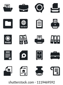 Set of vector isolated black icon - passport vector, office binder, stamp, printer, folder, clipboard, case, document, search, paper, tray, archive box, contract, estate