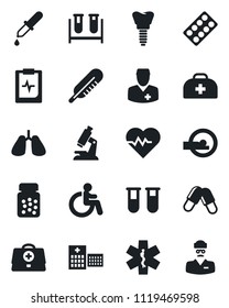 Set of vector isolated black icon - disabled vector, heart pulse, doctor case, blood test vial, dropper, thermometer, microscope, pills, bottle, blister, tomography, ambulance star, lungs, implant
