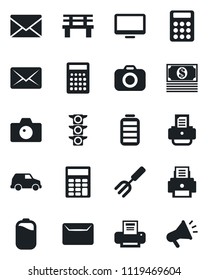 Set of vector isolated black icon - camera vector, mail, printer, garden fork, bench, traffic light, monitor, battery, calculator, cash, car, advertising