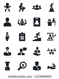 Set of vector isolated black icon - baby vector, pedestal, doctor, pregnancy, client, speaker, user, identity card, hr, manager desk, meeting, career ladder, cook, consumer search, group