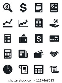 Set of vector isolated black icon - credit card vector, dollar sign, receipt, news, calculator, pie graph, point, handshake, contract, wallet, growth, money search, investment
