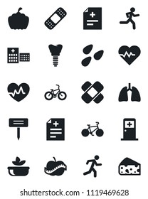 Set of vector isolated black icon - medical room vector, plant label, pumpkin, seeds, heart pulse, diagnosis, patch, bike, run, lungs, implant, diet, hospital, salad, cheese