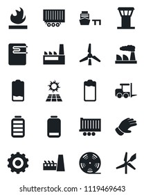 Set of vector isolated black icon - airport tower vector, fork loader, gear, factory, glove, truck trailer, sea port, flammable, reel, battery, low, windmill, water heater, sun panel