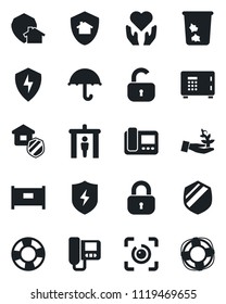 Set of vector isolated black icon - fence vector, security gate, trash bin, safe, heart hand, umbrella, shield, protect, eye id, lock, estate insurance, intercome, home, palm sproute