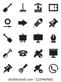 Set of vector isolated black icon - right arrow vector, presentation board, drawing pin, job, garden fork, shovel, rake, well, satellite, brightness, ink pen, pencil, plan, phone