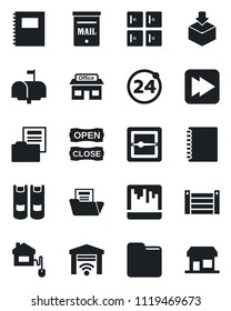 Set of vector isolated black icon - 24 around vector, checkroom, book, store, container, package, fast forward, scanner, folder, copybook, document, mailbox, open close, home control, garage gate