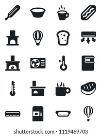 Set of vector isolated black icon - coffee machine vector, fireplace, thermometer, air conditioner, bread, steak, hot dog, bowl, water heater, balloon