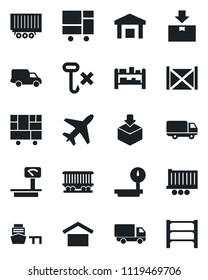 Set of vector isolated black icon - plane vector, railroad, truck trailer, car delivery, sea port, container, consolidated cargo, warehouse storage, no hook, package, heavy scales, rack