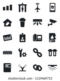 Set of vector isolated black icon - plane radar vector, security gate, identity card, sorting, barcode, chain, root setup, air conditioner, smart home, irrigation, water heater, intercome, filter