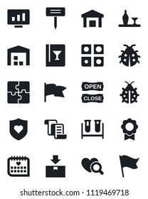Set of vector isolated black icon - contract vector, statistic monitor, lady bug, plant label, blood test vial, heart diagnostic, shield, medical calendar, warehouse, package, application, alcohol