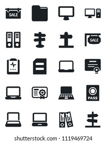 Set of vector isolated black icon - passport vector, office binder, notebook pc, document, pulse clipboard, signpost, monitor, laptop, folder, sale, certificate, guidepost
