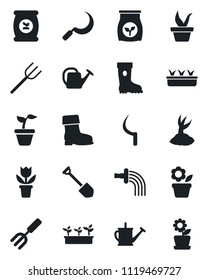 Set of vector isolated black icon - job vector, flower in pot, garden fork, farm, seedling, watering can, sproute, boot, sickle, fertilizer