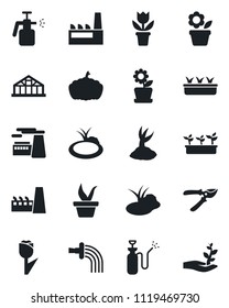 Set of vector isolated black icon - factory vector, flower in pot, seedling, watering, sproute, pruner, pumpkin, greenhouse, pond, garden sprayer, tulip, palm