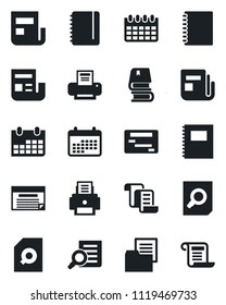 Set of vector isolated black icon - contract vector, document search, notepad, calendar, folder, news, copybook, printer, book, schedule