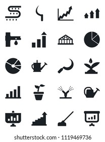Set of vector isolated black icon - growth statistic vector, seedling, watering can, hoe, sickle, greenhouse, drip irrigation, bar graph, pie, arrow up, presentation