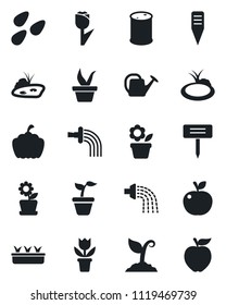 Set of vector isolated black icon - flower in pot vector, seedling, watering can, sproute, plant label, pumpkin, seeds, pond, tulip, oil barrel, apple fruit