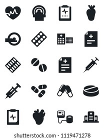 Set of vector isolated black icon - heart pulse vector, diagnosis, syringe, blood pressure, pills, blister, tomography, real, clipboard, hospital