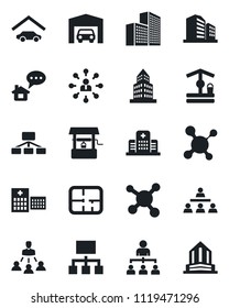 Set of vector isolated black icon - hierarchy vector, well, molecule, hospital, office building, garage, plan, home message