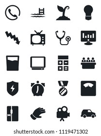 Set of vector isolated black icon - calculator vector, medal, crisis graph, meeting, bulb, statistic monitor, sproute, glove, stethoscope, scales, tv, video camera, protect, alarm, pool, fridge, car