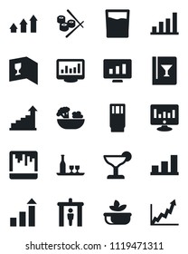 Set of vector isolated black icon - security gate vector, growth statistic, monitor, scanner, statistics, bar graph, alcohol, wine card, drink, cocktail, salad, sushi, arrow up