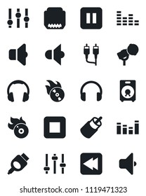 Set of vector isolated black icon - flame disk vector, microphone, speaker, settings, equalizer, headphones, pause button, stop, rewind, rca, hdmi, tuning, sound