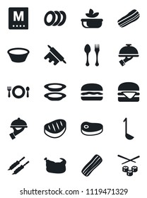 Set of vector isolated black icon - spoon and fork vector, cafe, menu, salad, plates, bacon, waiter, chicken, steak, kebab, hamburger, ladle, bowl, rolling pin, sushi