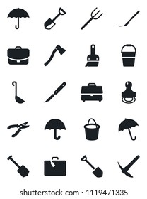 Set of vector isolated black icon - suitcase vector, umbrella, job, shovel, farm fork, bucket, pruner, axe, scalpel, themes, case, stamp, ladle, hard work
