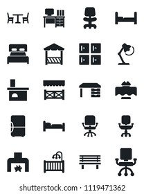 Set of vector isolated black icon - cafe vector, bed, checkroom, office chair, desk, bench, fireplace, lamp, bedroom, children room, restaurant table, alcove, fridge