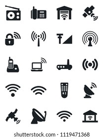 Set of vector isolated black icon - antenna vector, satellite, wireless notebook, office phone, radio, remote control, cellular signal, lock, router, garage gate
