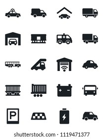 Set of vector isolated black icon - taxi vector, airport bus, parking, alarm car, ladder, ambulance, railroad, truck trailer, delivery, garage, gate control, battery