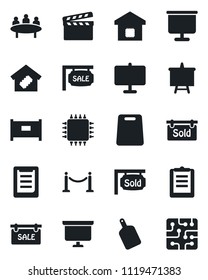 Set of vector isolated black icon - fence vector, presentation board, meeting, clipboard, clapboard, sale, sold signboard, smart home, cutting, chip