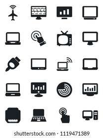 Set of vector isolated black icon - plane radar vector, wireless notebook, pc, statistic monitor, pulse, tv, touch screen, laptop, hdmi, statistics