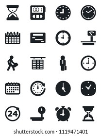 Set of vector isolated black icon - 24 around vector, alarm clock, flight table, calendar, heavy scales, stopwatch, manager, schedule, sand