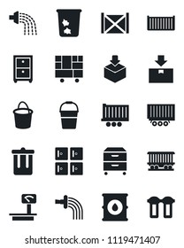 Set of vector isolated black icon - trash bin vector, checkroom, bucket, watering, railroad, truck trailer, cargo container, consolidated, package, oil barrel, heavy scales, archive box