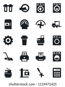 Set of vector isolated black icon - coffee machine vector, fork loader, gear, ripper, lawn mower, tomography, printer, copier, washer, crane, water filter, combination lock