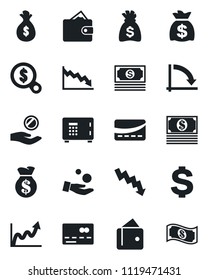 Set of vector isolated black icon - credit card vector, safe, dollar sign, money bag, crisis graph, cash, wallet, growth, search, investment